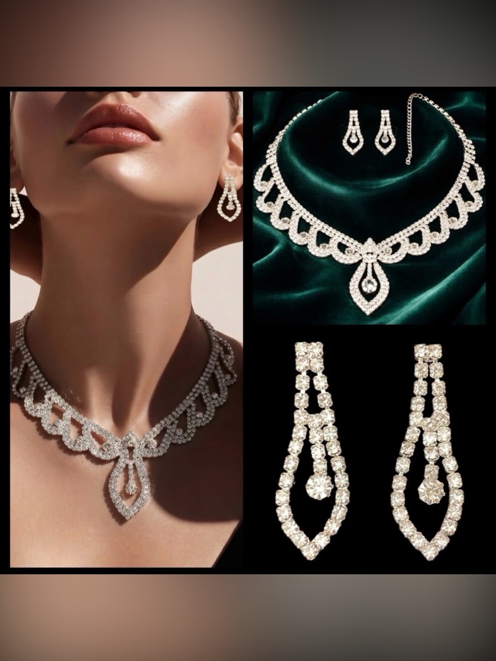Sparkling Crystal Teardrop Necklace & Earrings Set - Silver Tone